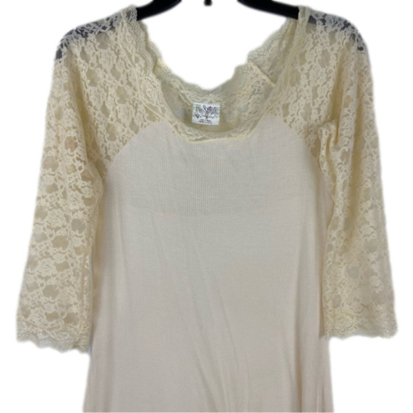 Free People Cream Lace Sleeved Romantic Fairycore Regencycore Ribbed Top - Picture 1 of 15